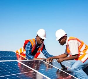 reduce electricity costs - Two men installing solar panels on roof